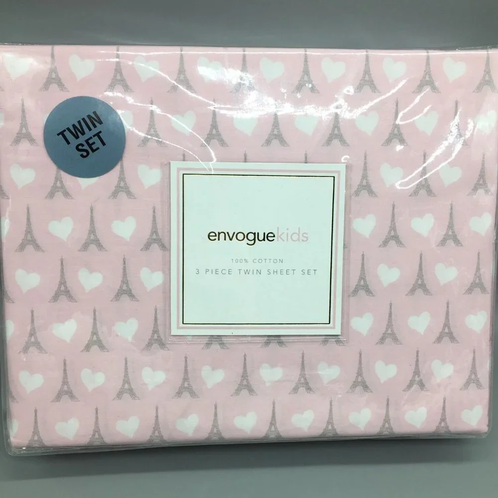 3pc Pink Paris TWIN Sheet Pillowcase Set Gray Eiffel Tower Heart Bedding Envogue
